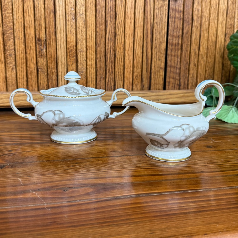 Castleton China Gloria Creamer and Sugar Bowl Set White Gray Gold Trim Excellent